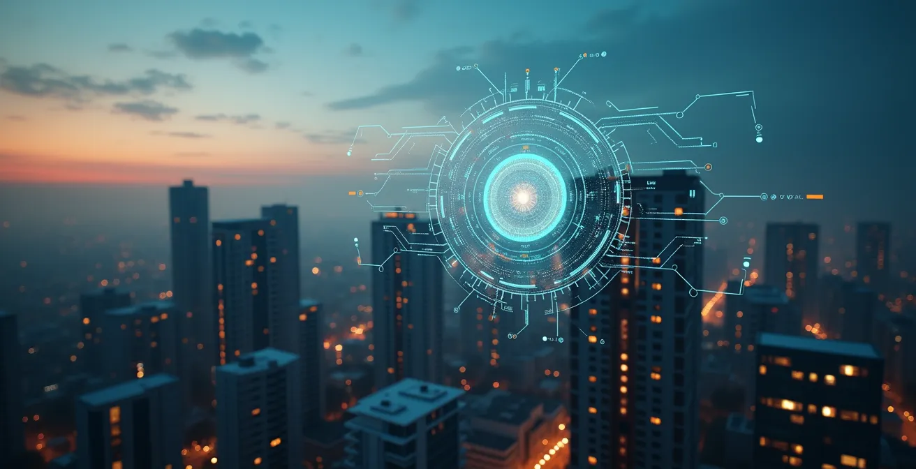 Modernes stadtisches Immobilienportfolio symbolisch als vernetztes Netzwerk dargestellt, zentrale Steuerung suggeriert Kontrolle.
