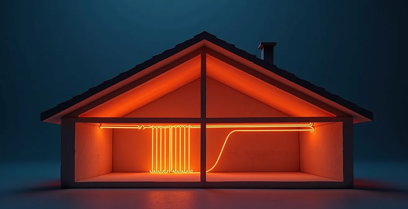 Schnittzeichnung eines Hauses mit Pfeilen, die die Wärmeverluste durch das ungedämmte Dach zeigen und den Effekt der Dämmung darstellen