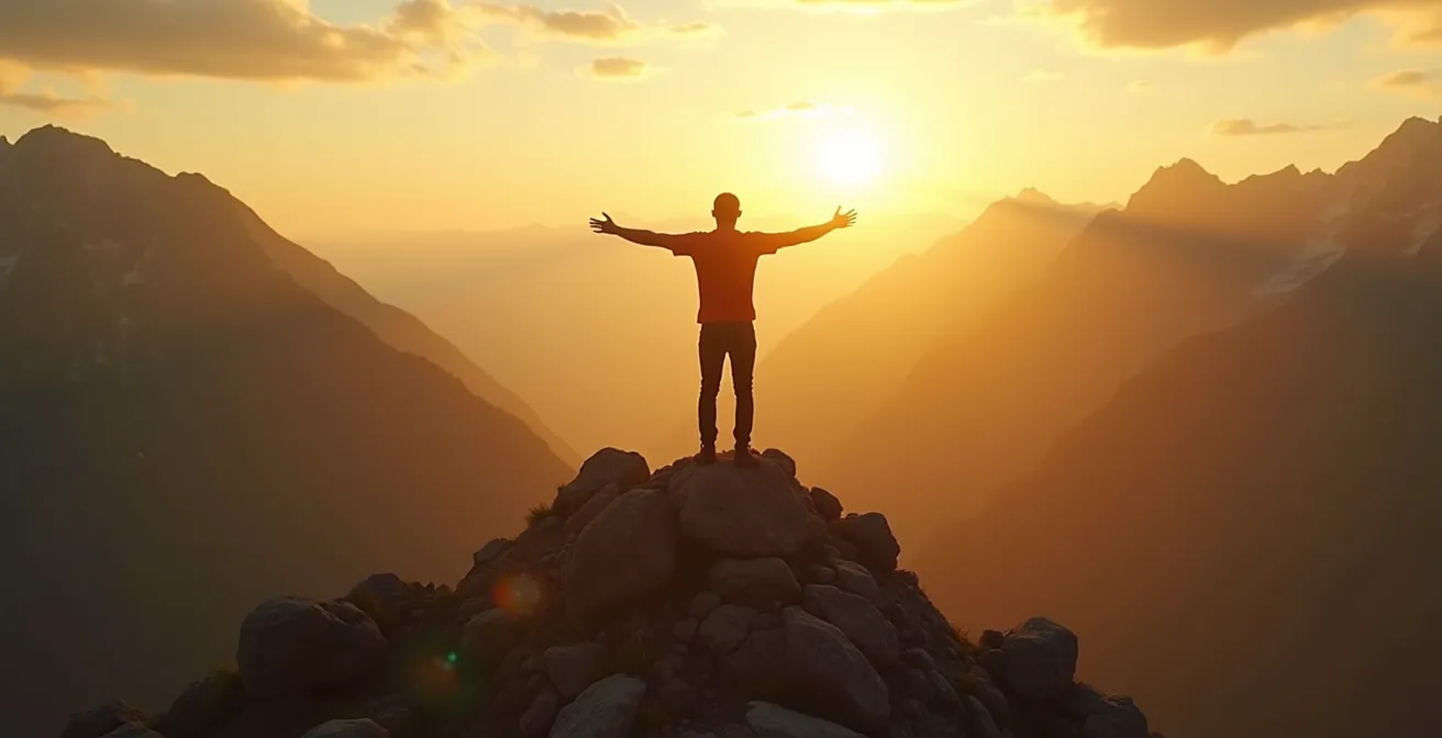 Person auf einem Berggipfel mit ausgebreiteten Armen, umgeben von weitläufiger Natur und einem dramatischen Himmel