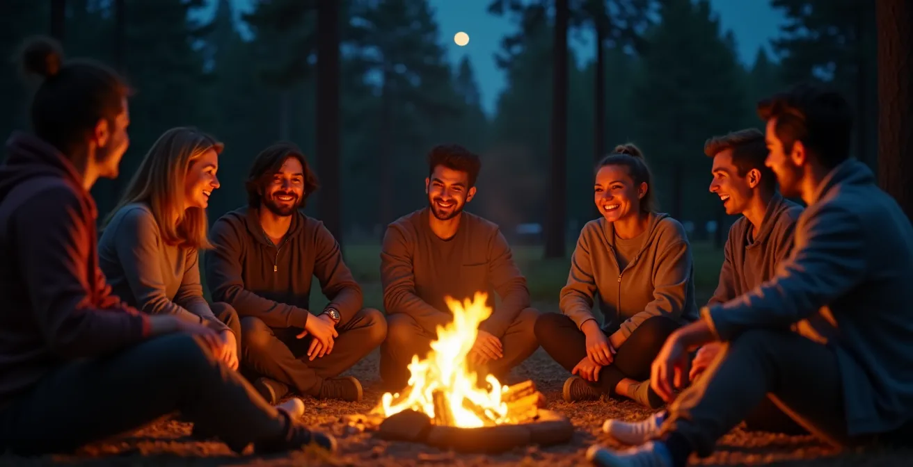 Eine Gruppe von Menschen sitzt um ein Lagerfeuer herum, lacht und teilt Geschichten, während die Sterne am Nachthimmel leuchten.