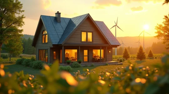 Symbolische Darstellung von grünem Gold: Modernes, energieeffizientes Haus mit goldenen Highlights und umgeben von grünen Energielösungen