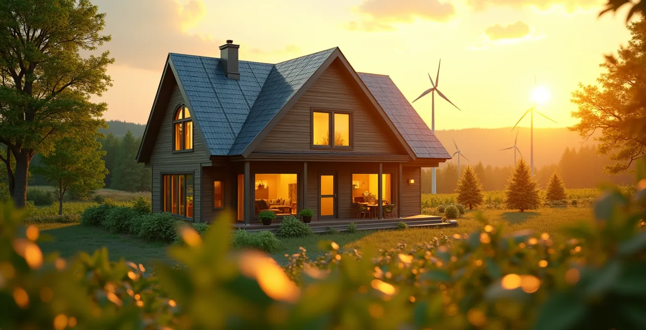 Symbolische Darstellung von grünem Gold: Modernes, energieeffizientes Haus mit goldenen Highlights und umgeben von grünen Energielösungen