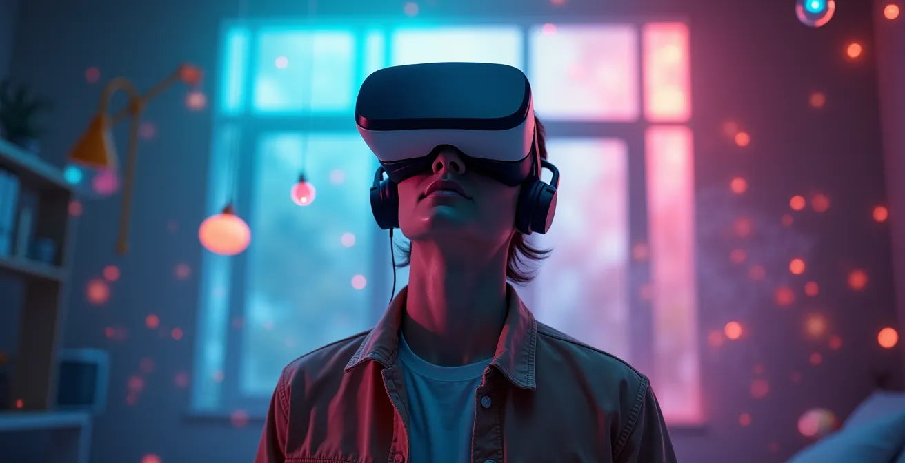 Eine Person, die eine VR-Brille trägt und vollständig in eine virtuelle, farbenfrohe, fantastische Welt mit Natur und Architektur eintaucht