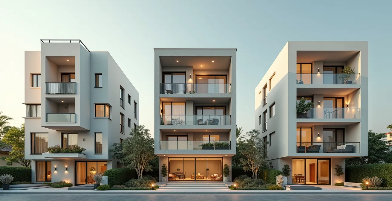 Vergleichende Illustration von Wohn-, Büro- und Ferienhaus-Immobilien zur Portfolio-Diversifikation