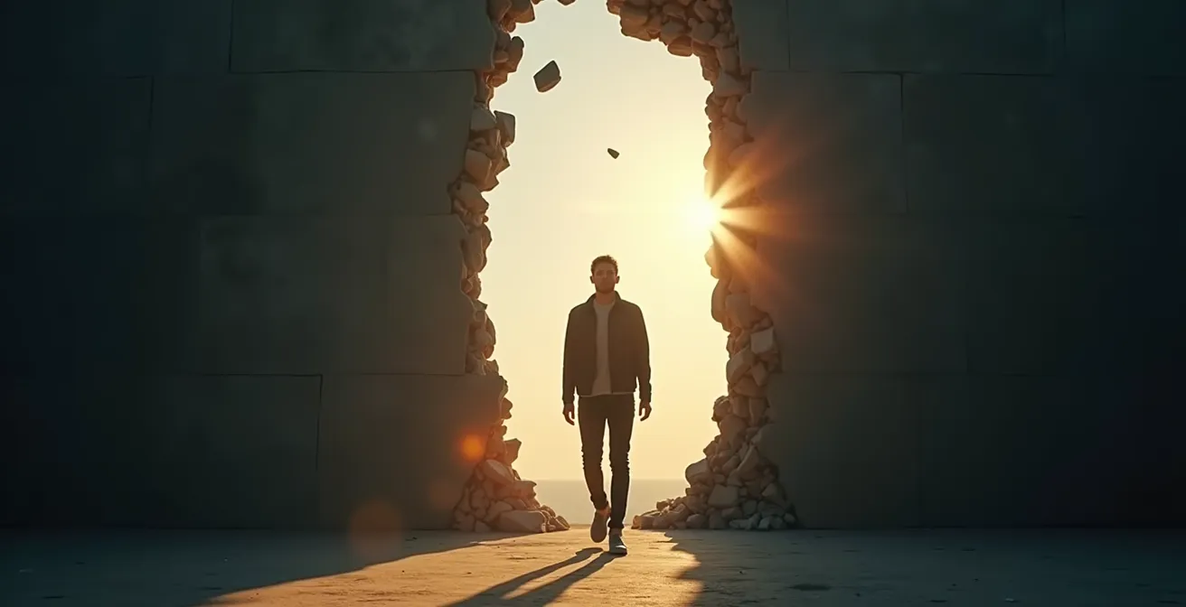 Symbolische Darstellung einer Person, die eine unsichtbare Mauer durchbricht, um eine neue, helle Welt voller Möglichkeiten zu betreten