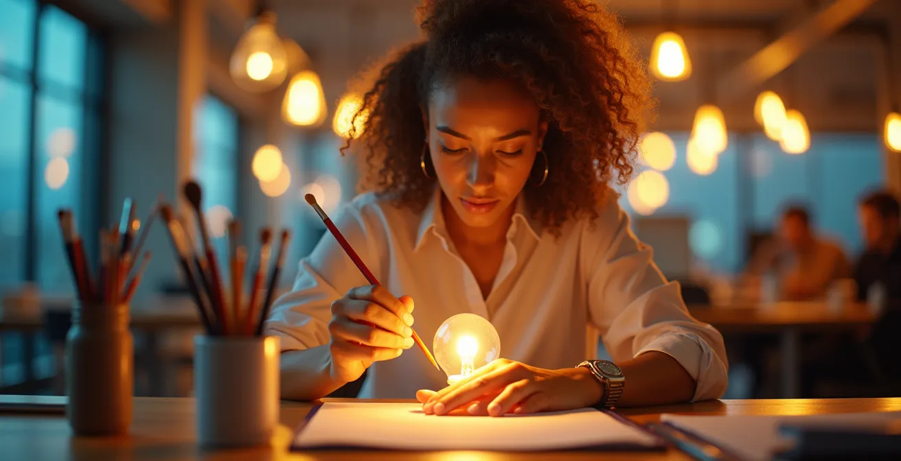 Symbolisches Bild eines Menschen, der kreativ und unkonventionell denkt mit Lichtstrahlen und Elementen, die schnelle berufliche Erfolge suggerieren