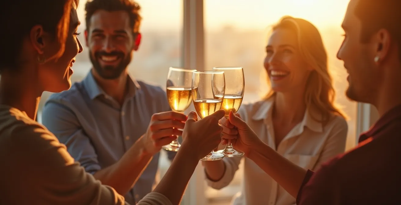 Ein kleines Team hebt gemeinsam Gläser beim Eröffnungs-Toast eines jährlichen Events, umgeben von lachenden Gesichtern und einer festlichen Atmosphäre.