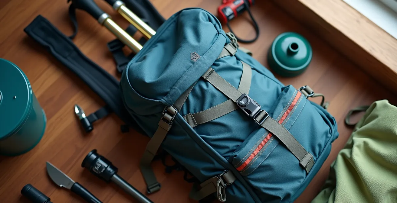 Leichte Trekkingausrüstung mit multifunktionalen Gegenständen auf einem Rucksack arrangiert, im natürlichen Licht