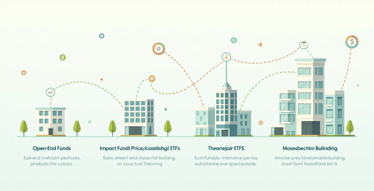 Visualisierung verschiedener nachhaltiger Immobilienanlageformen mit Symbolen für offene Fonds, Impact-Fonds und Crowdinvesting