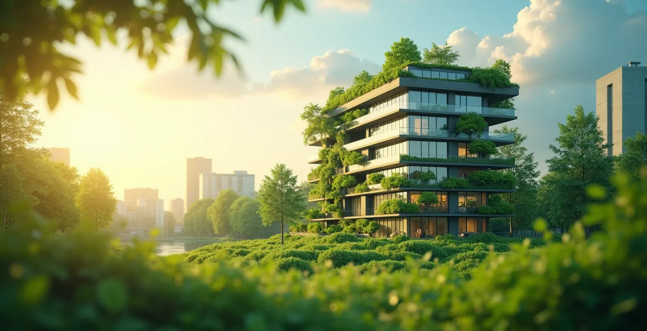 Symbolische Darstellung nachhaltiger Immobilienfonds, die ökologische, soziale und finanzielle Aspekte verbinden