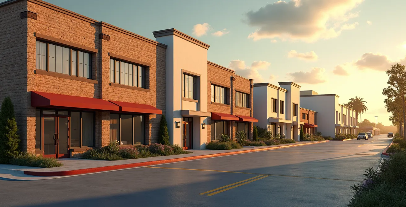 Verschiedene spezialisierte Gewerbeimmobilien wie Ärztehaus, Rechenzentrum und Self-Storage-Einheiten in urbaner Umgebung