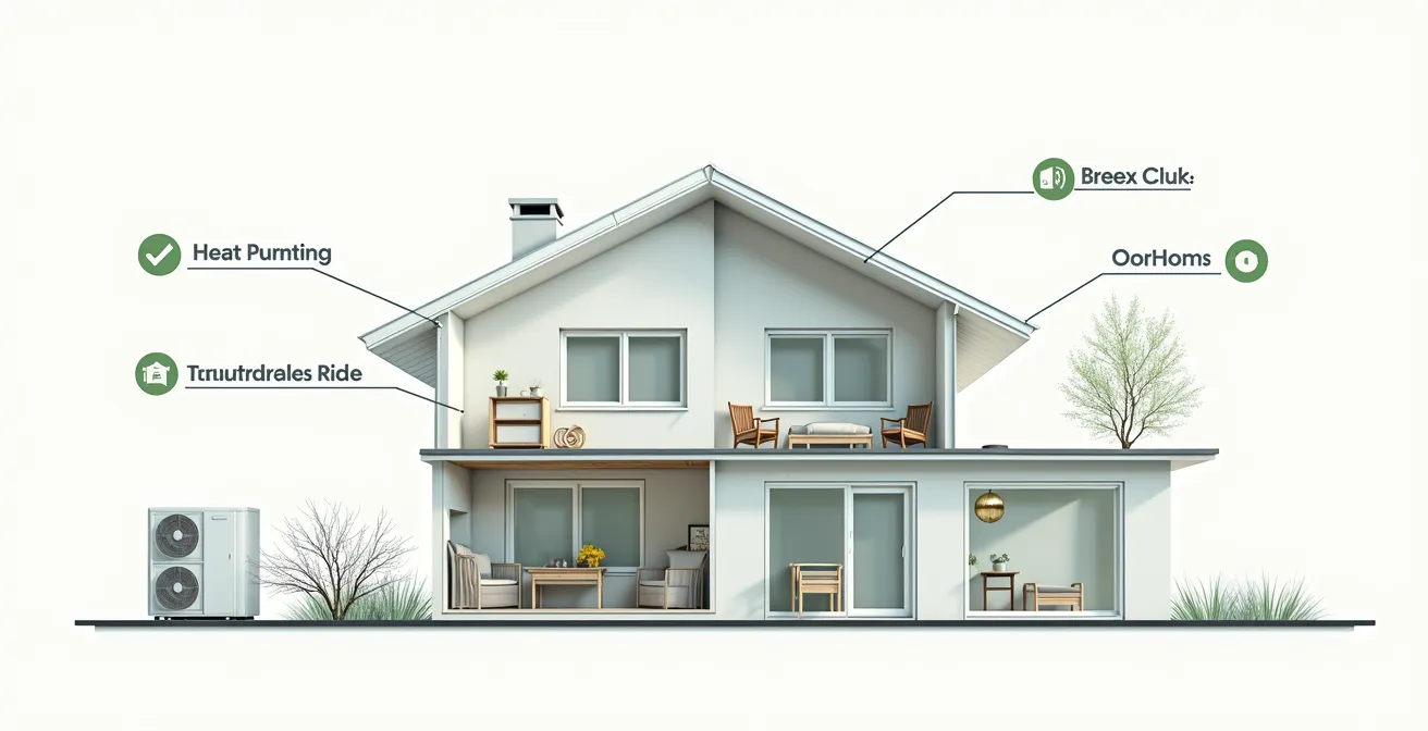 Visualisierung eines Hauses mit verschiedenen Sanierungsmaßnahmen wie Wärmepumpe, Dach- und Fenstersanierung grafisch hervorgehoben