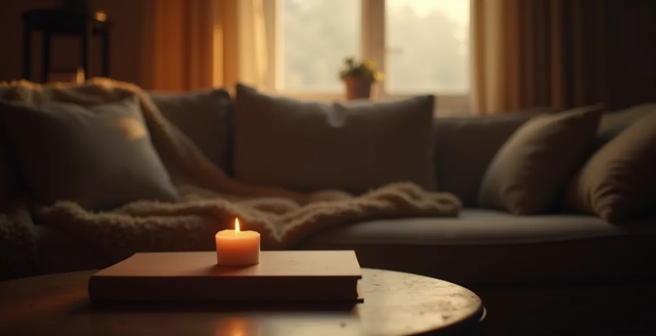 Ein Wohnzimmer mit warmem Licht, einer Duftkerze und weichen Textilien, das einladend und gemütlich wirkt