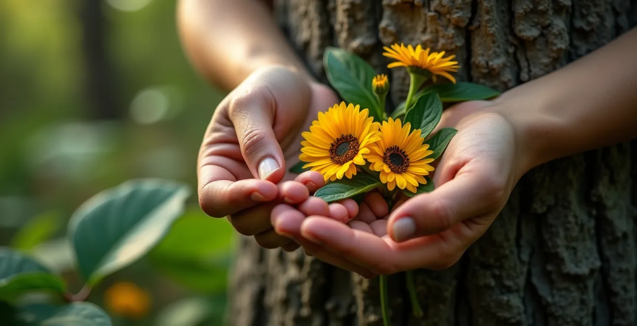 Mehrere menschliche Hände berühren Baumrinde, Blätter und nehmen Waldgerüche wahr, um die Sinne zu intensivieren