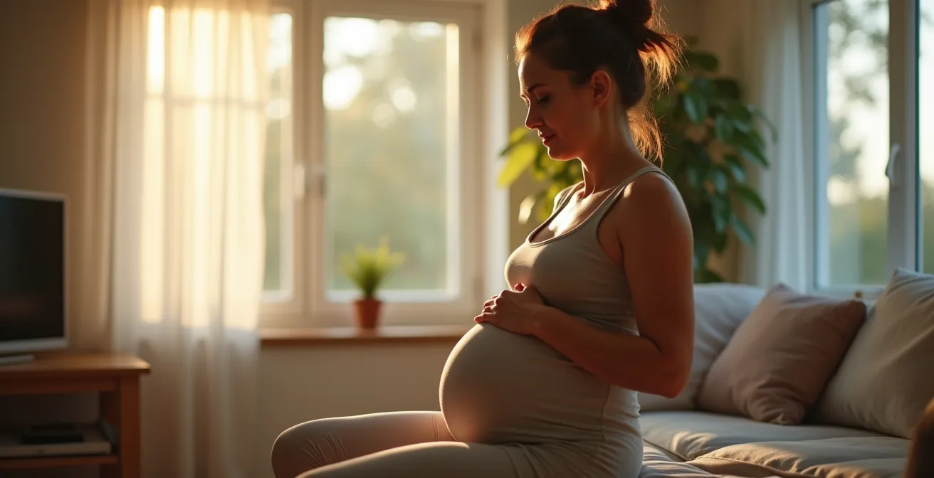 Eine junge Frau bei gezielter Rückbildungsgymnastik mit Fokus auf Beckenboden, symbolisch für sicheres Training nach der Babypause