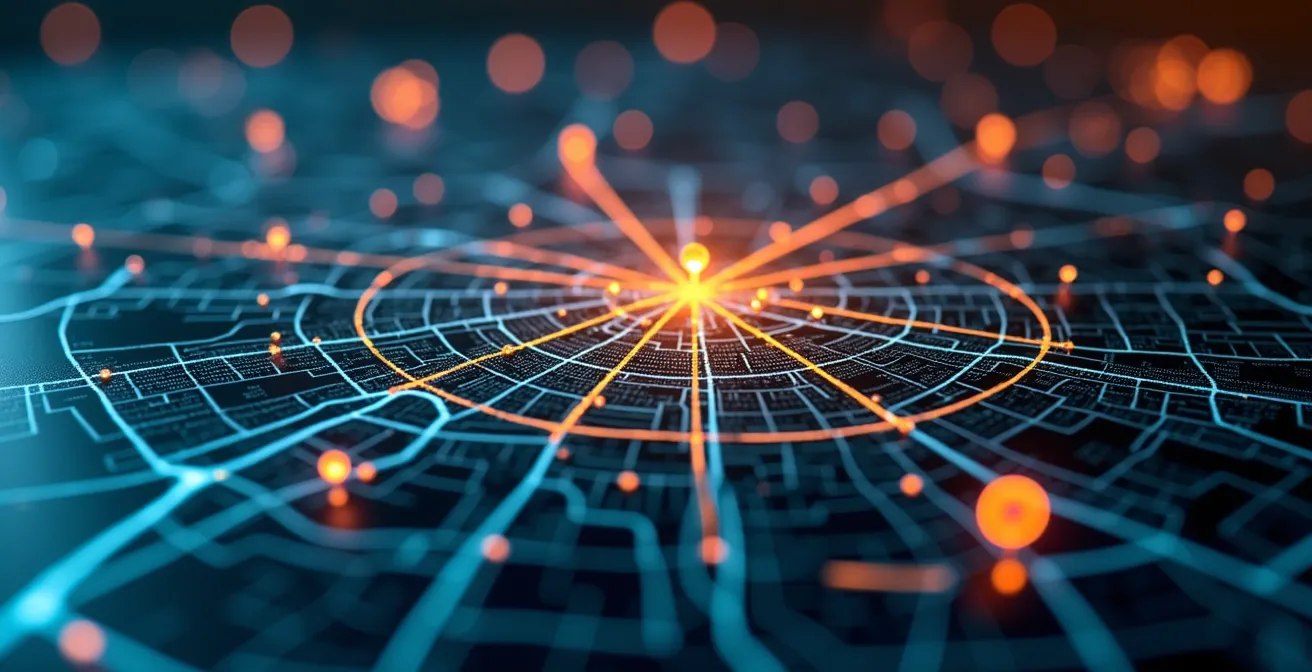 Visualisierung einer detaillierten Standortanalyse mit Karten, Datenpunkten und Infrastruktur-Icons