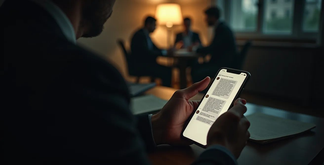 Illustration eines Immobilienbesitzers mit Smartphone, der genervt auf eine lange Chat-Konversation schaut, im Hintergrund streitende Silhouetten.