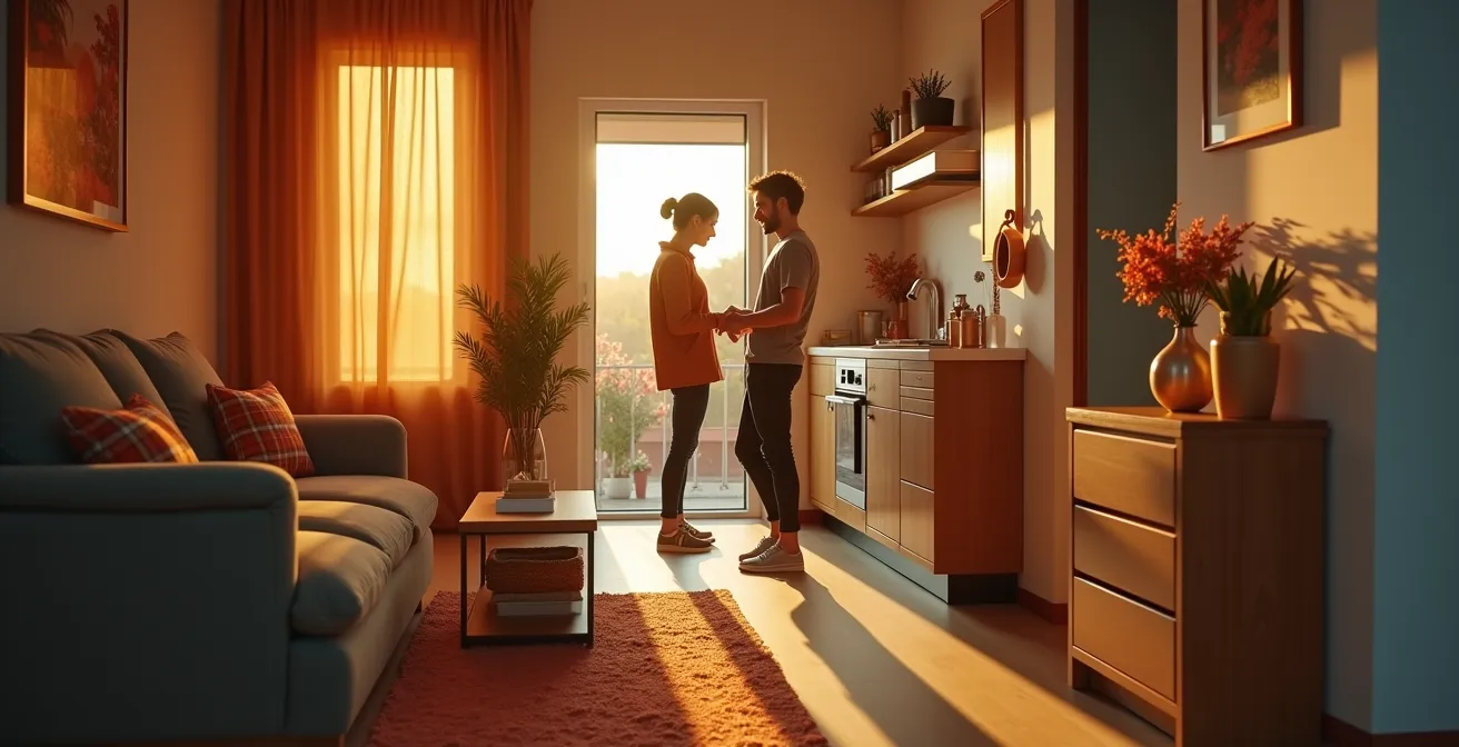 Moderne Ferienwohnung mit glücklichen Gästen und Gastgeber, symbolisiert durch goldene Akzente und einladende Atmosphäre
