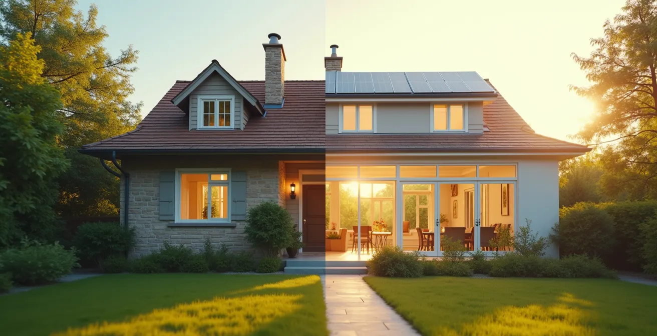 Vergleich zwischen einem heruntergekommenen Einfamilienhaus und einem modernisierten, hochwertigen Eigenheim mit Garten und Solaranlage