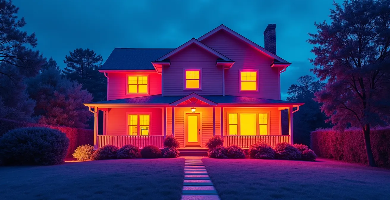 Thermografiebild eines Hauses, das Wärmebrücken und Wärmeverluste an Fenstern und Mauern zeigt