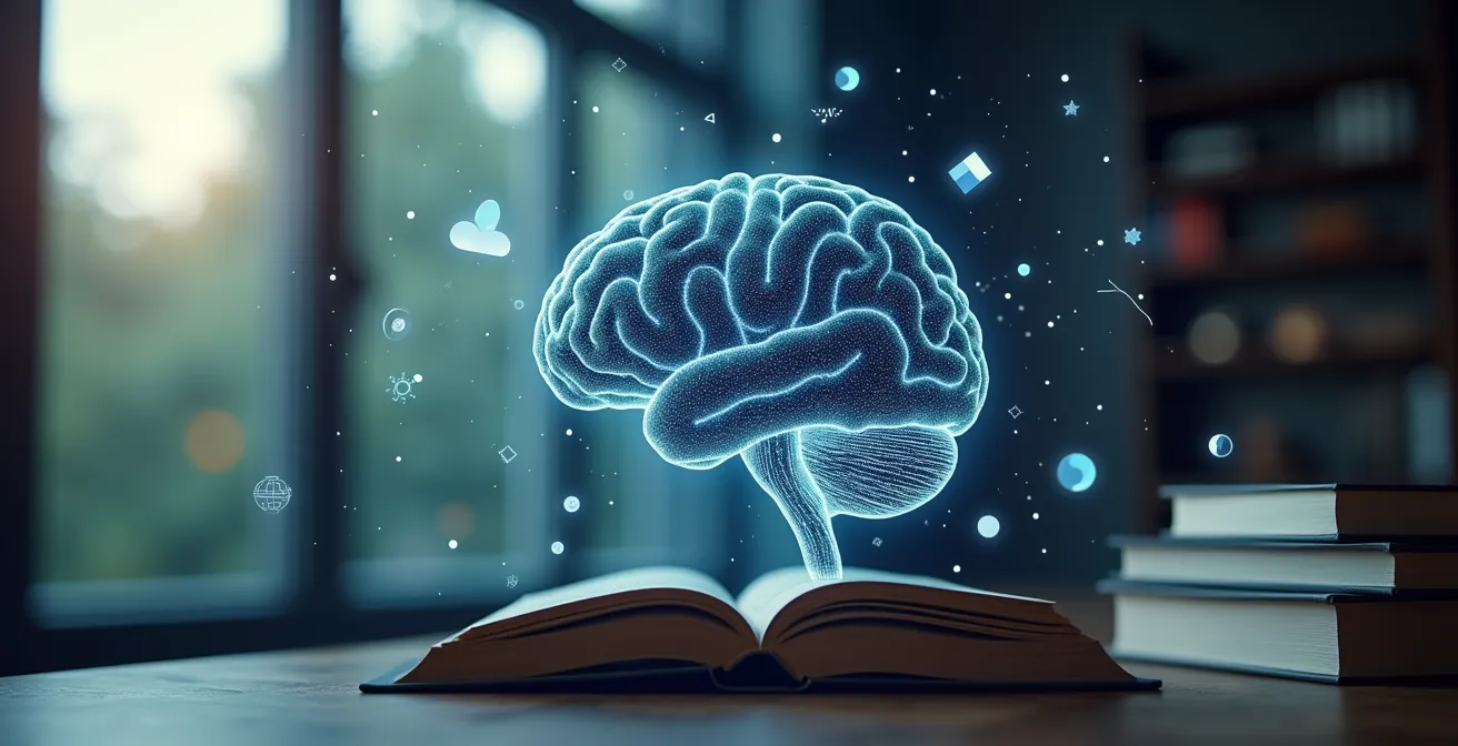 Symbolische Darstellung des Lernens für das 21. Jahrhundert mit digitalem Gehirn, Büchern und Zukunftstechnologien