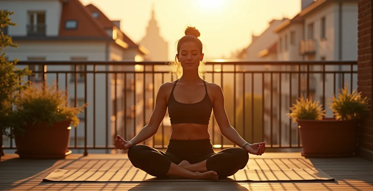 Person praktiziert eine Yoga-Pose auf einem Balkon mit Stadtkulisse im Hintergrund bei Morgenlicht