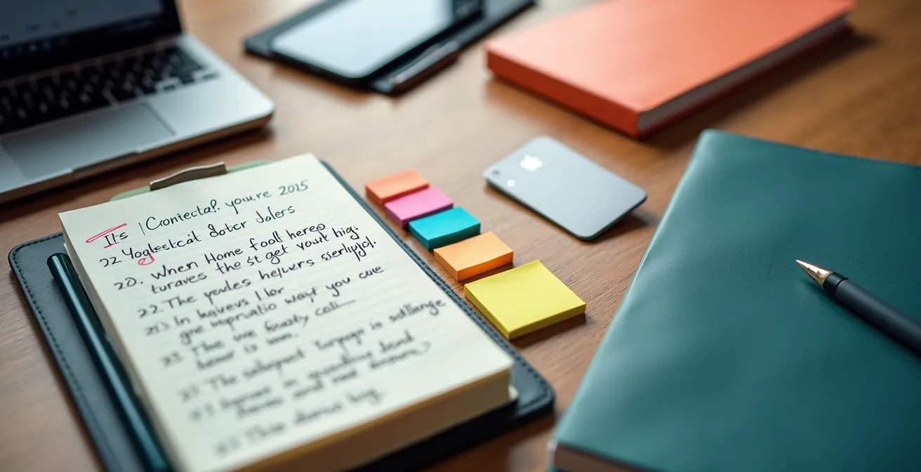 Strukturierte Gesprächsvorbereitung für einen Arzttermin, dargestellt als professionelle CEO-Agenda mit Notizen und deutscher Gesundheitskarte.