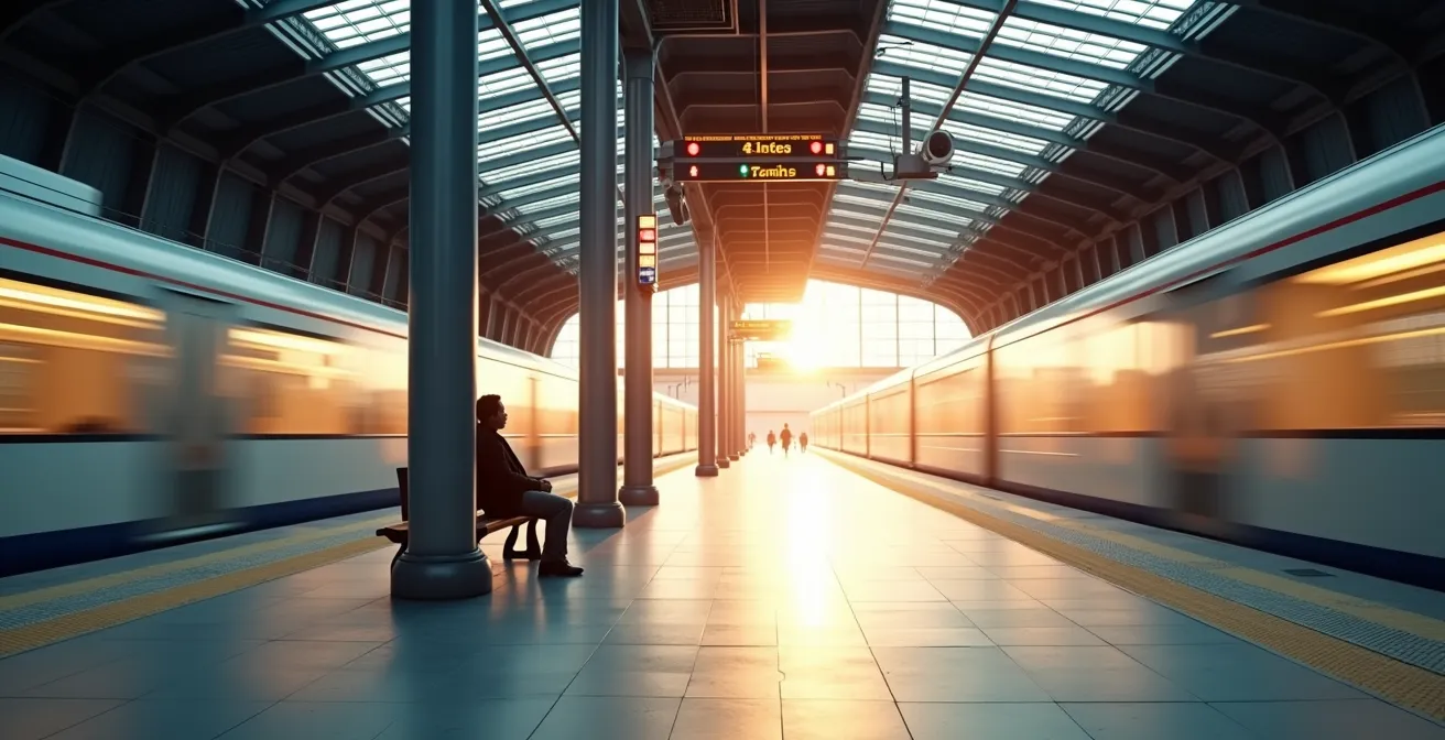 Ein leerer Bahnhof als Metapher für die Beobachter-Perspektive in der Meditation, bei der Gedanken wie Züge vorbeiziehen