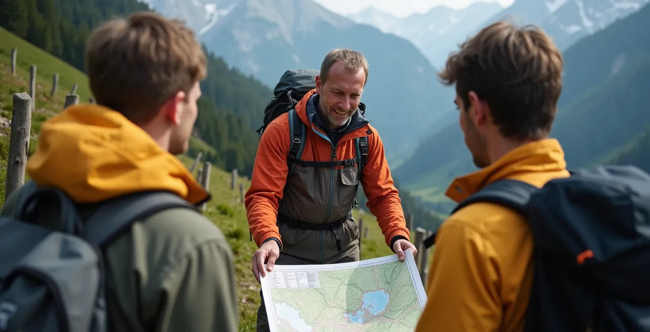 Bergführer erklärt Gruppe Kartenlesen in bayerischen Alpen