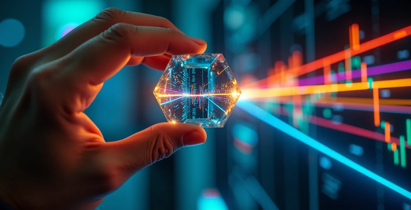 Geschäftsperson betrachtet verzerrte Datenprojektion durch Prisma