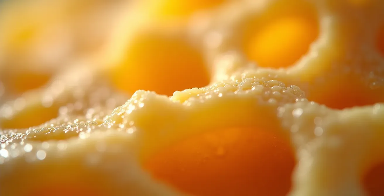 Makroaufnahme von der Textur eines gereiften deutschen Käses, die die Reifekristalle zeigt.