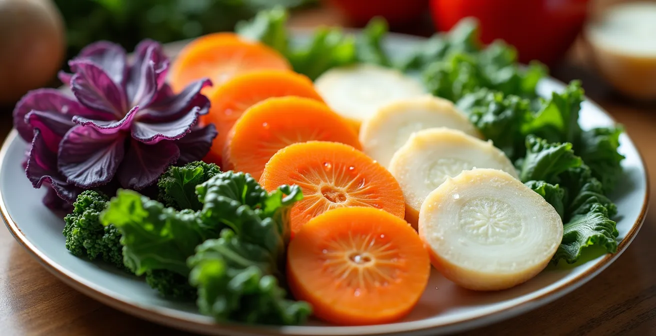 Vogelperspektive auf einen mit buntem saisonalem Gemüse gefüllten Teller, der das Regenbogen-Prinzip illustriert