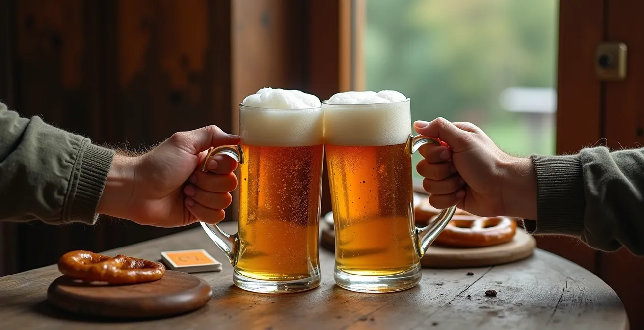 Einheimische und Reisende am traditionellen Stammtisch in deutscher Gastwirtschaft