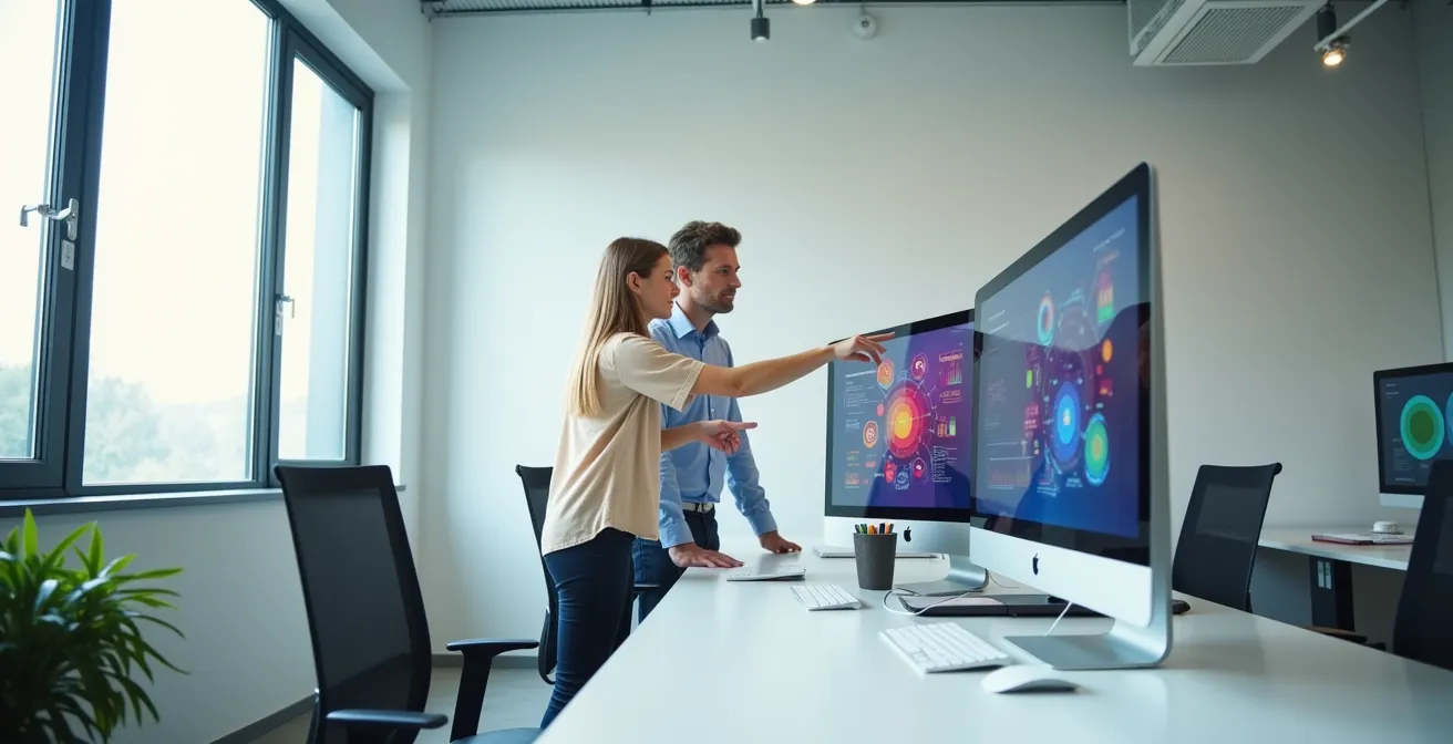 Jung und Alt arbeiten gemeinsam an digitalem Projekt