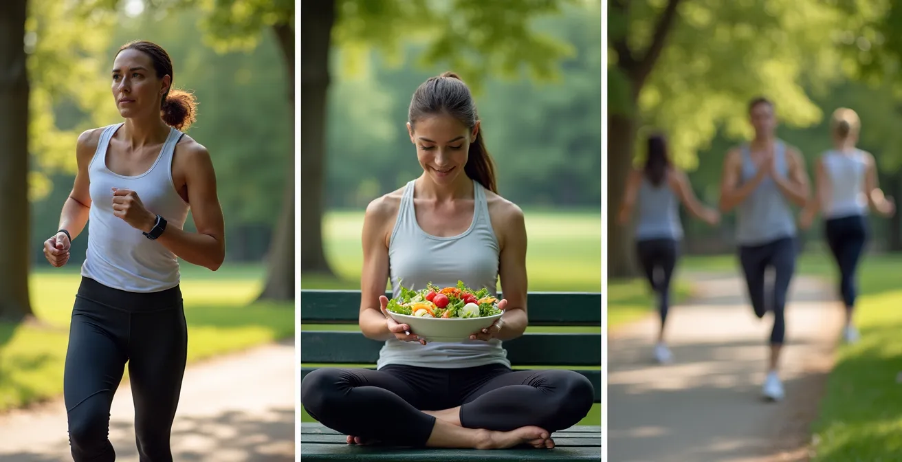Drei Personen in einem Park repräsentieren verschiedene Motivationstypen: ein Jogger mit Fitness-Tracker, eine Frau, die einen bunten Salat genießt, und eine Gruppe beim gemeinsamen Yoga.