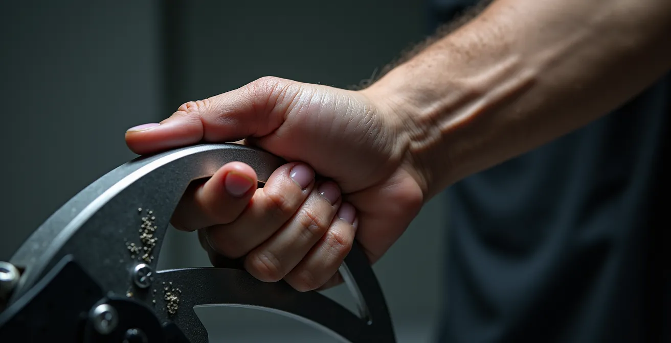 Makroaufnahme einer Hand beim Griffkrafttraining mit Dynamometer