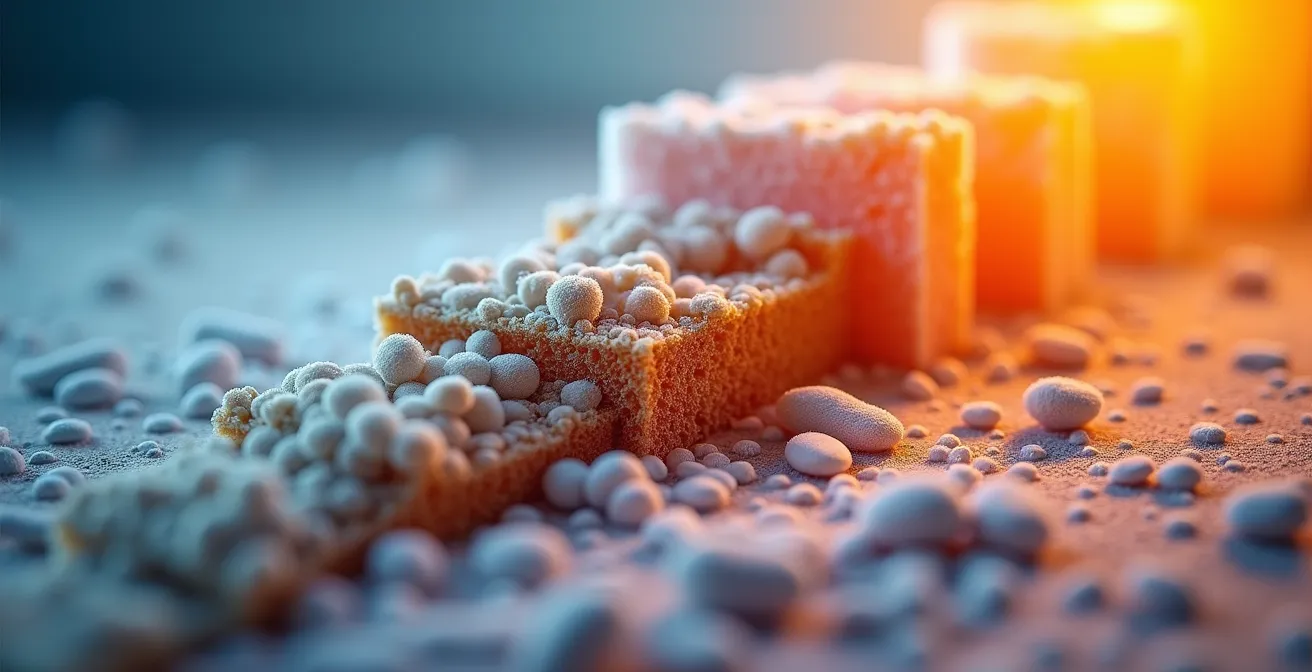 Makroaufnahme von Dämmmaterial und Energieeffizienzklassen-Skala