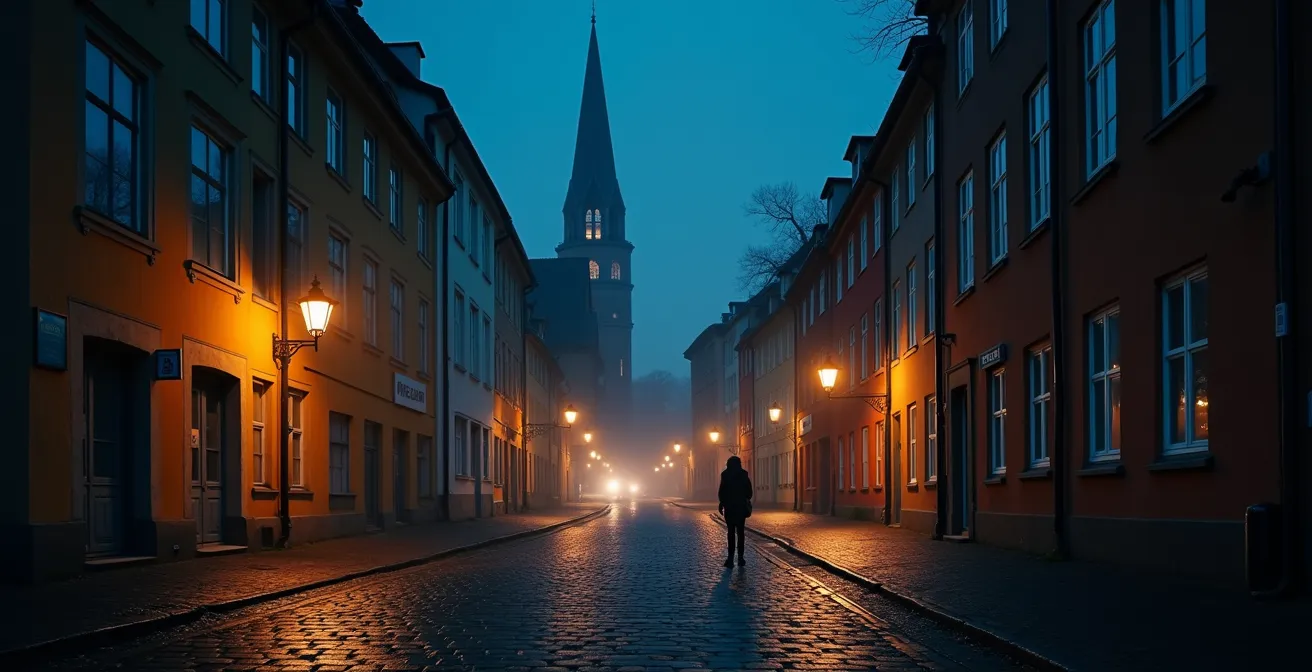 Nächtliche Stadtszene mit Person auf Entdeckungstour in deutschem Stadtviertel