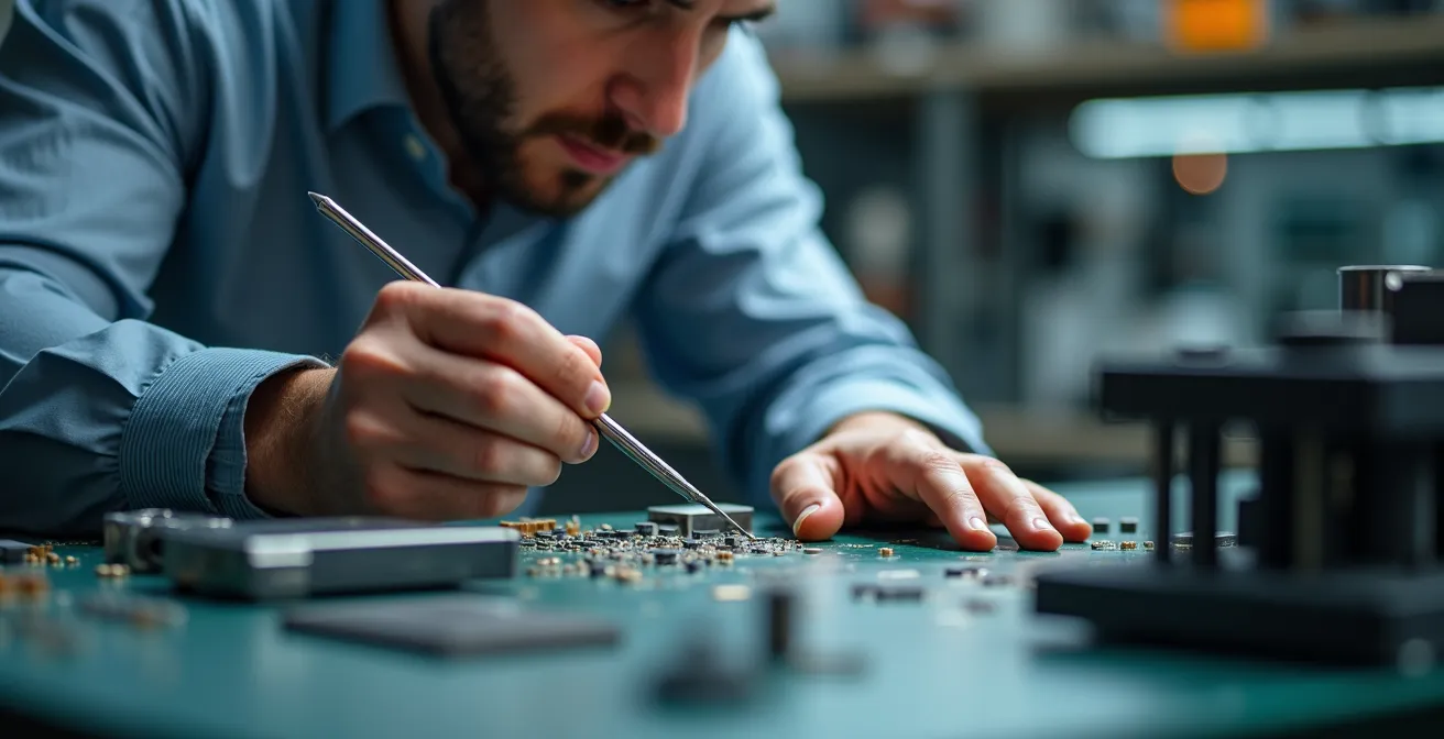 Ingenieur analysiert PCB-Design an modernem Arbeitsplatz