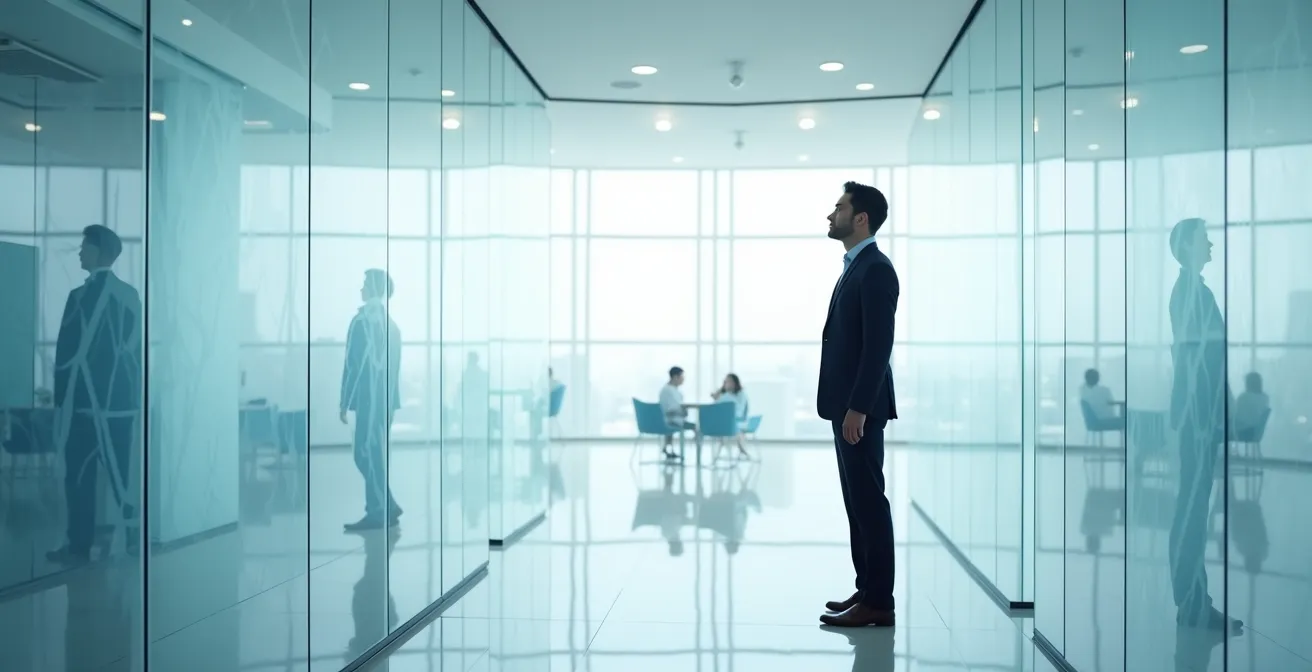 Ein Manager steht vor mehreren transparenten Glasscheiben mit abstrakten Datenmustern, die verschiedene Perspektiven symbolisieren