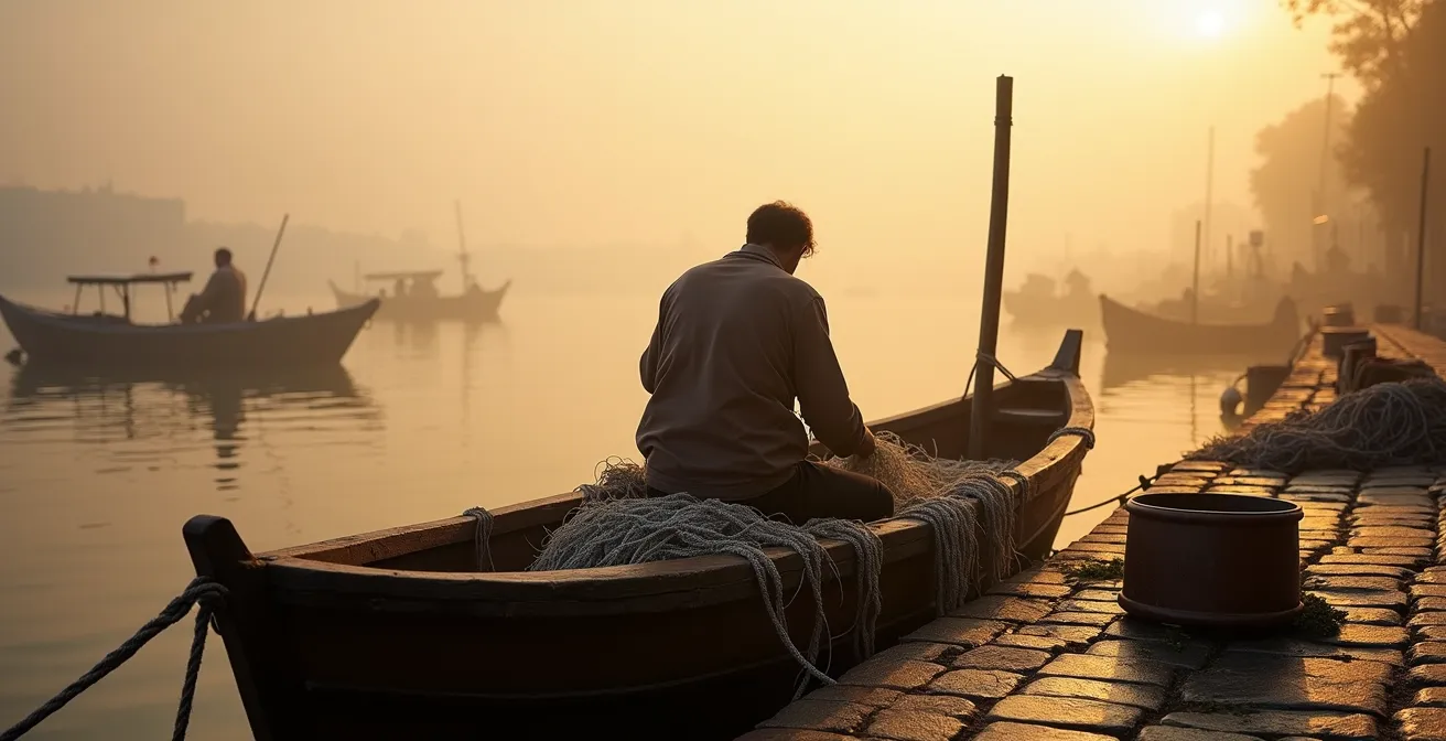 Frühmorgendliche Szene mit Fischkuttern und Netzen ohne Touristen