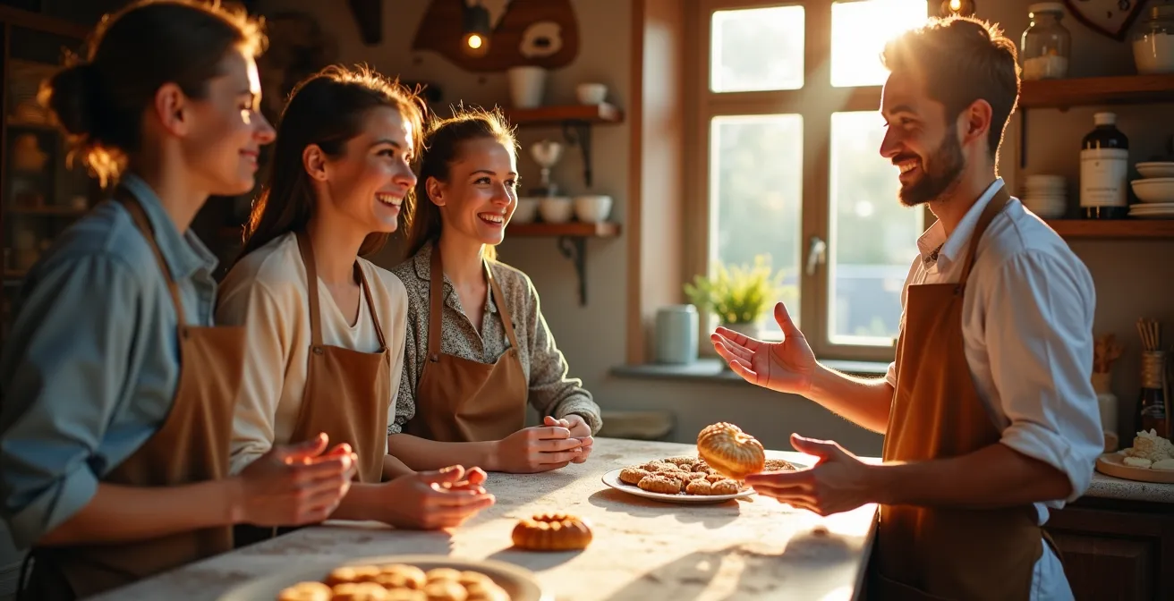 Tourguide erklärt Gruppe traditionelle deutsche Spezialität in gemütlicher Bäckerei