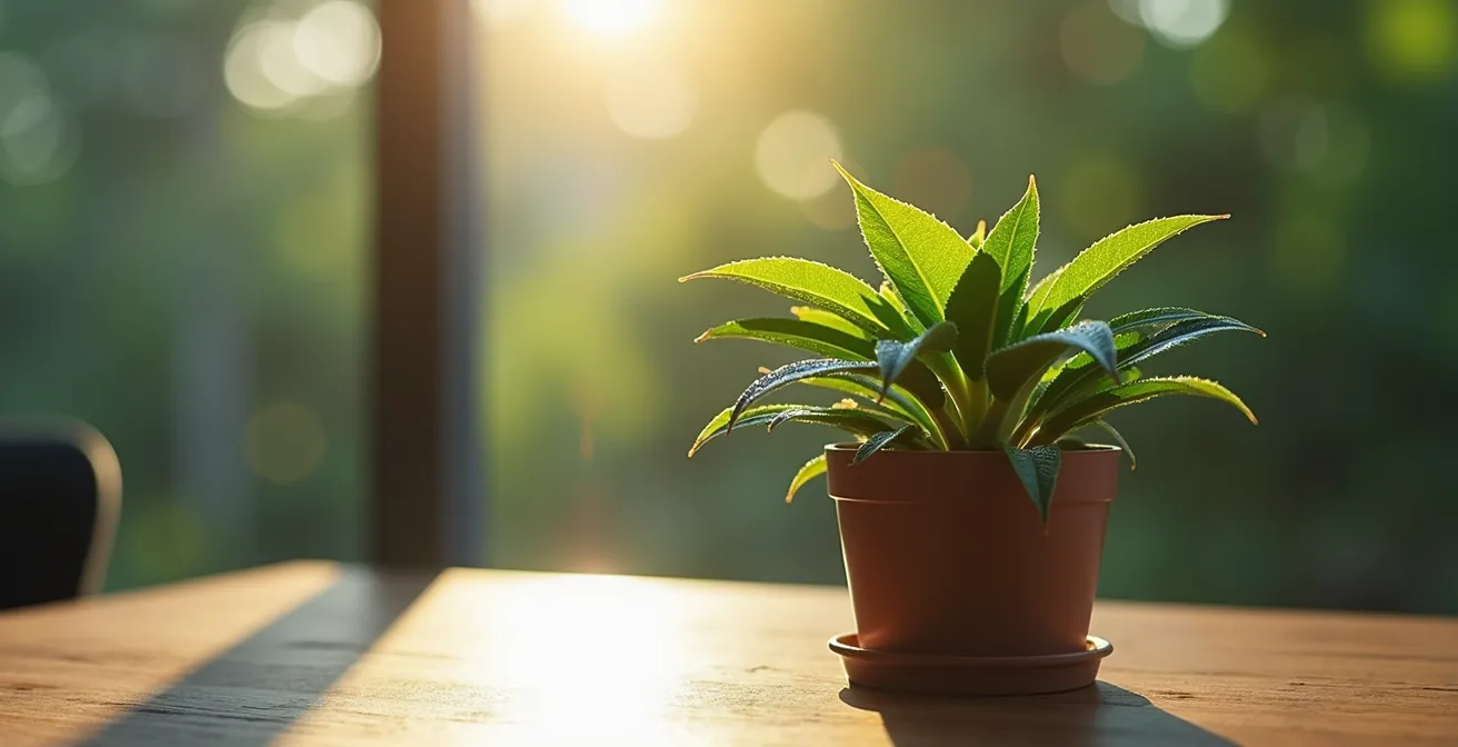Eine kleine Topfpflanze auf einem Schreibtisch, die eine Mikro-Waldmeditation symbolisiert, um Resilienz zu stärken.
