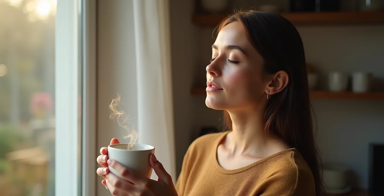 Eine Person praktiziert eine kurze Achtsamkeitsübung bei einer Tasse Kaffee am Morgen, was eine tägliche Resilienz-Praxis symbolisiert