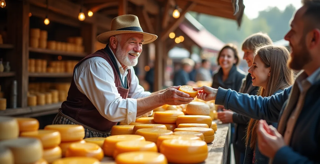 Deutsche Genussroute mit regionalen Spezialitäten, auf der ein Käser einem Besucher ein Stück Käse anbietet.