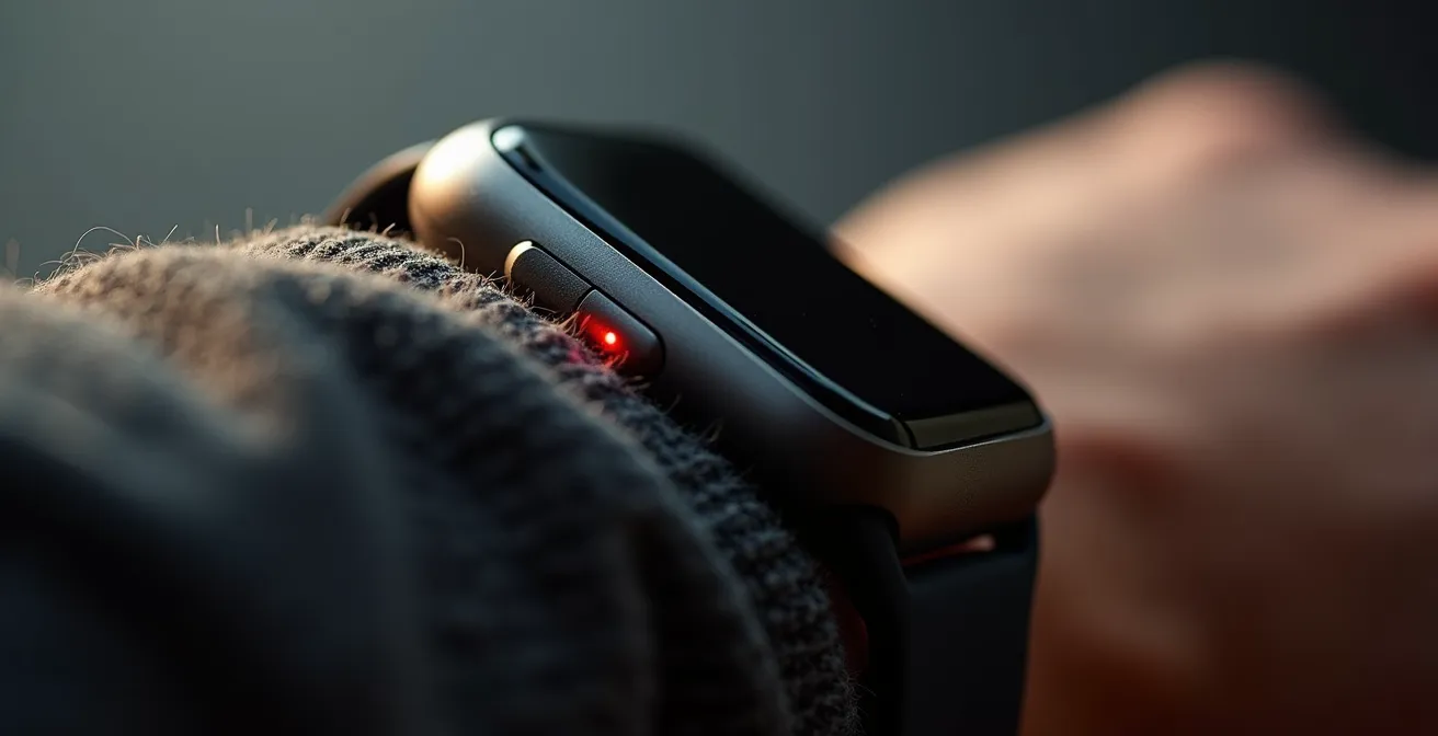 Nahaufnahme eines modernen Gesundheits-Wearables am Handgelenk, das erweiterte Vitalparameter wie Herzfrequenzvariabilität und Schlafphasen anzeigt.