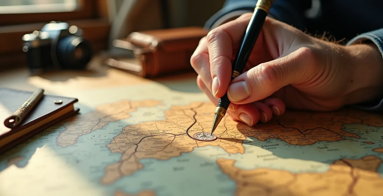 Nahaufnahme einer Hand, die eine Reiseroute auf einer alten Landkarte mit einem Kompass nachzeichnet