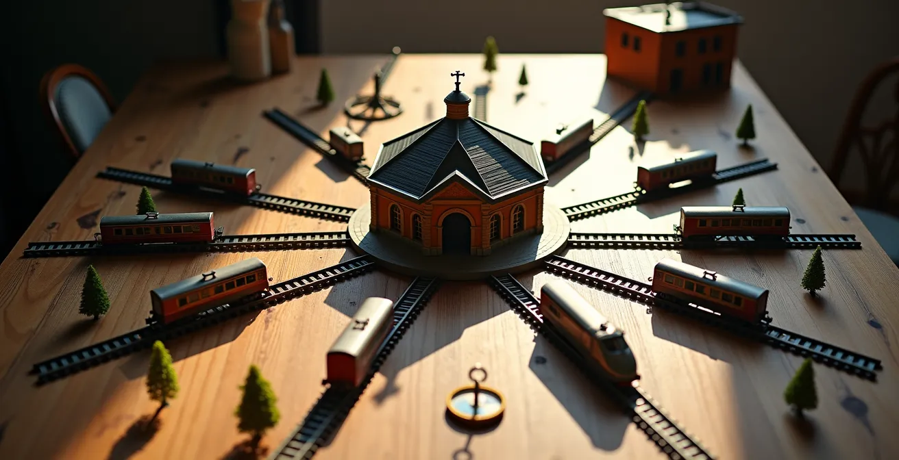 Kartendarstellung des Hub-and-Spoke-Reisemodells mit einer deutschen Stadt als Zentrum und Tagesausflügen