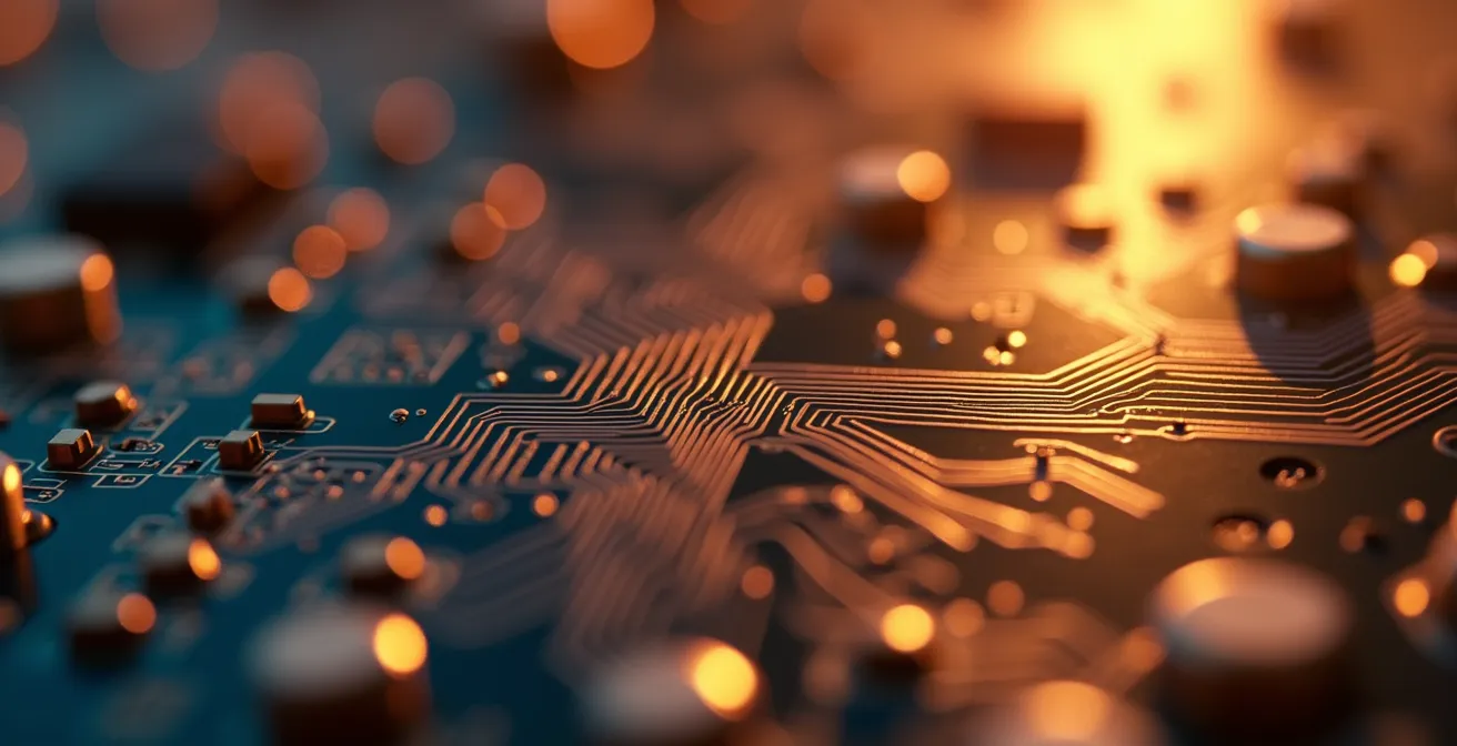 Makroaufnahme einer Leiterplatte zeigt präzise Kupferleiterbahnen und Mikrostrukturen