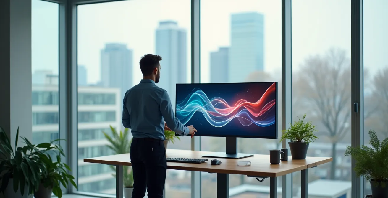 Mitarbeiter nutzt intuitive KI-Software auf modernem Computer im deutschen Büro